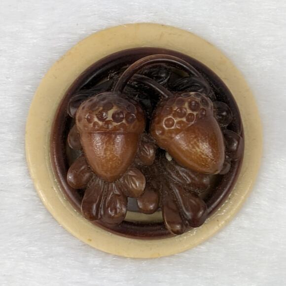 Marion Weeber 1.625" Carved Acorn Celluloid Button Glued to Cream Buckle Base - Picture 1 of 7
